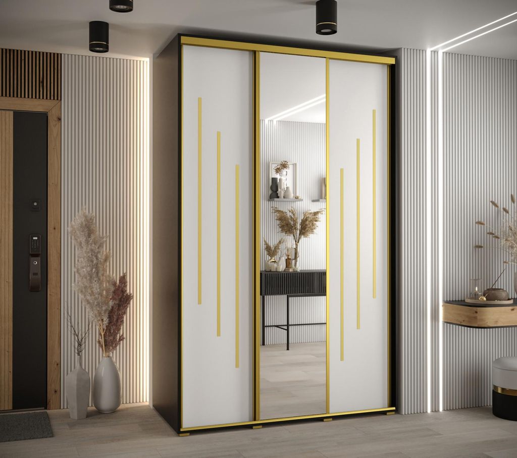 Kleiderschrank YVONA 9 – 160/60 cm, schwarz/weiß/gold