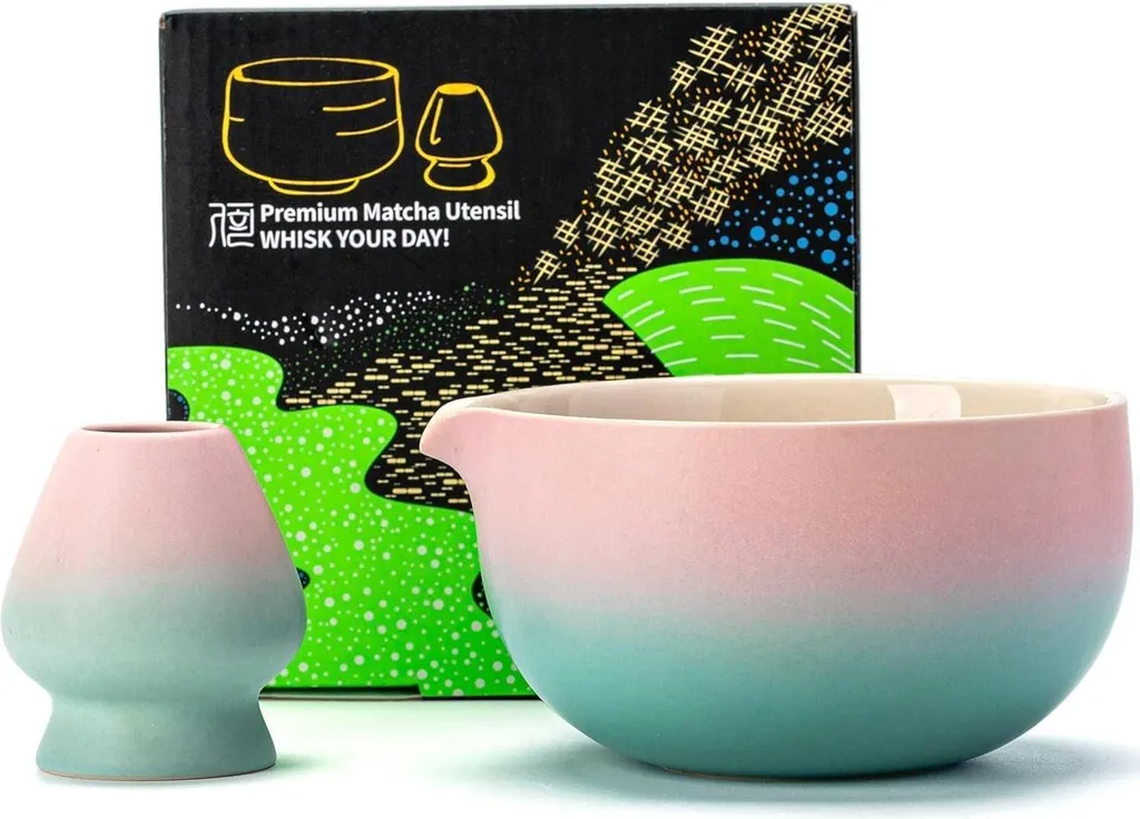 Bol à matcha japonais K11 en céramique rose et vert avec porte-fouet