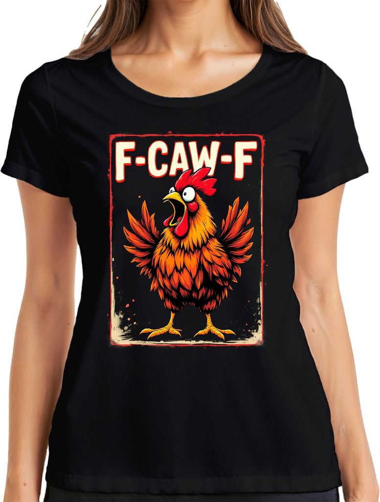 F-CAW-F lustiger Hahn Cartoon Bauernhof Spruch Sarkasmus Vintage Damen T-Shirt, Schwarz, 3XL