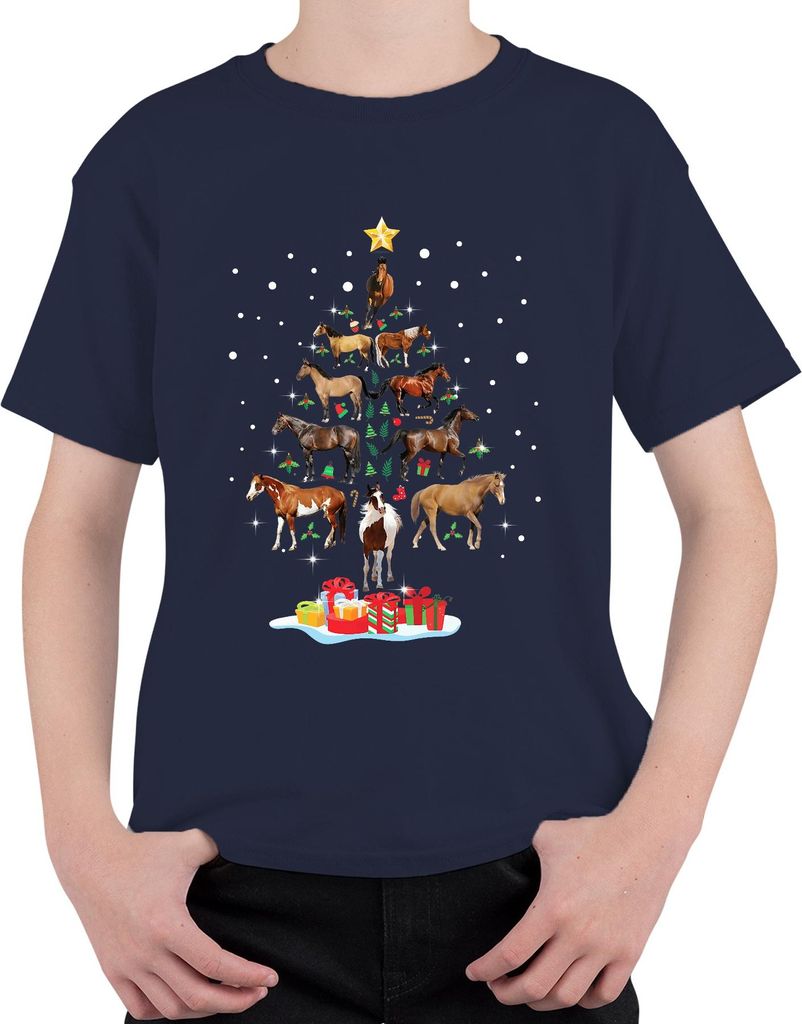 Pferde Weihnachtsbaum Geschenk Reiter Weihnachten Stern Schnee Uni Kinder T-Shirt, Navy, 104
