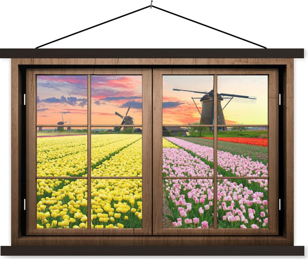 MuchoWow Textilposter Ansicht - Mühle - Tulpen 150x100 cm mit schwarzem Rahmen - Schlafzimmer