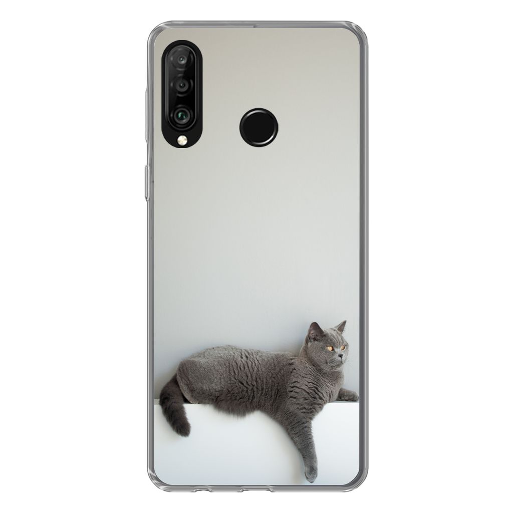 MuchoWow Handyhülle Schutzhülle Hülle für Huawei P30 Lite Katze - Britisch Kurzhaar - Grau - Mädchen - Kinder - Jungen - Kinder Silikon Soft...