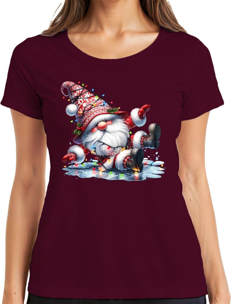 Lustiger Weihnachtswichtel rutschend auf Eis mit Lichtern Weihnachten Damen T-Shirt, Burgundy, S