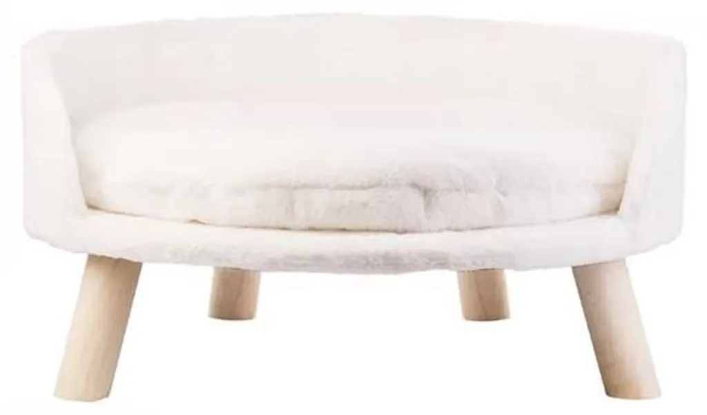 Lit chat en peluche moelleuse et pieds bois - Coussin lavable et hydrofuge