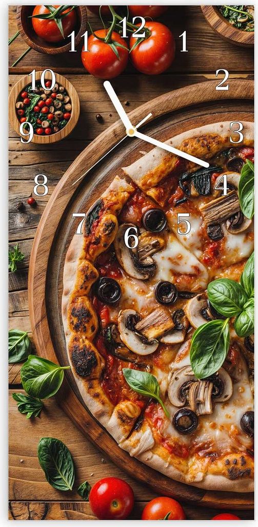 Wanduhr aus Glas mit Motiv Holztisch Pizza- 30 x 60 cm - inkl. Aufhängesystem