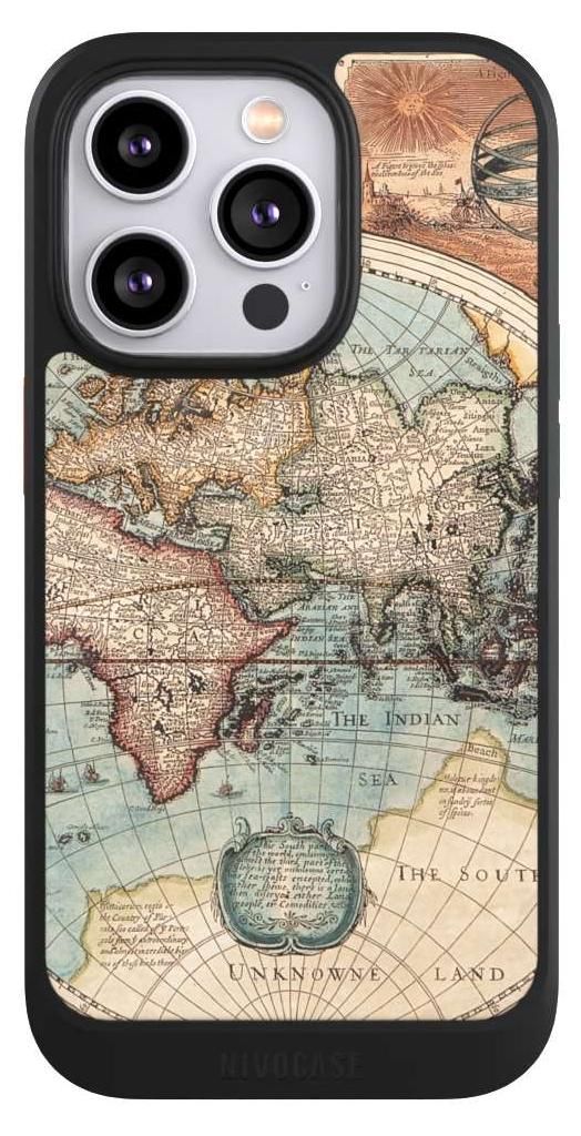 NIVOCASE Hülle für Apple iPhone 14 Pro Handyhülle NIVOcore Case Schwarz Landkarte Vintage Weltkarte