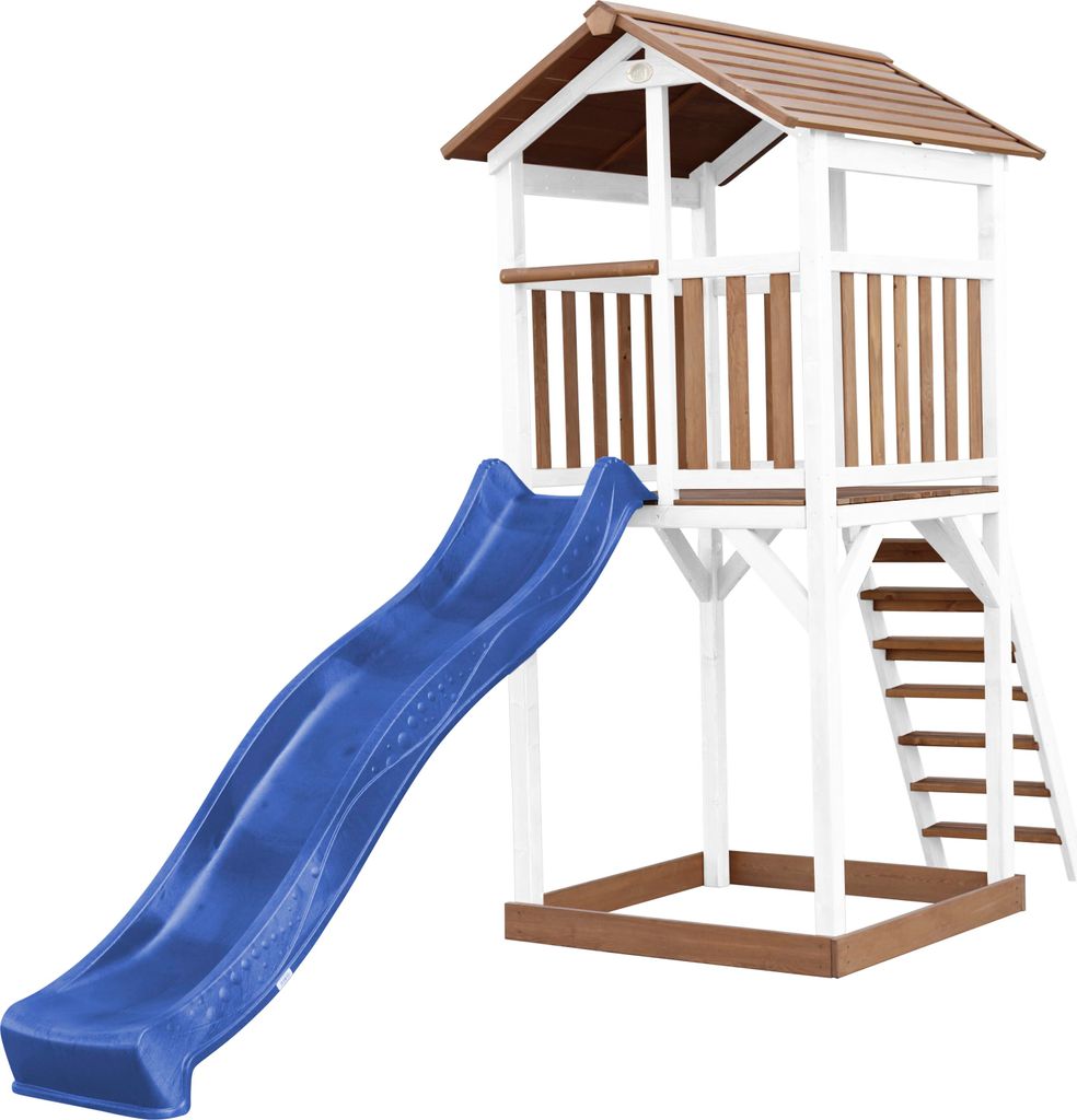 AXI Beach Tower Spielturm aus Holz in Braun & Weiß | Spielhaus für Kinder mit blauer Rutsche und Sandkasten | Stelzenhaus für den Garten