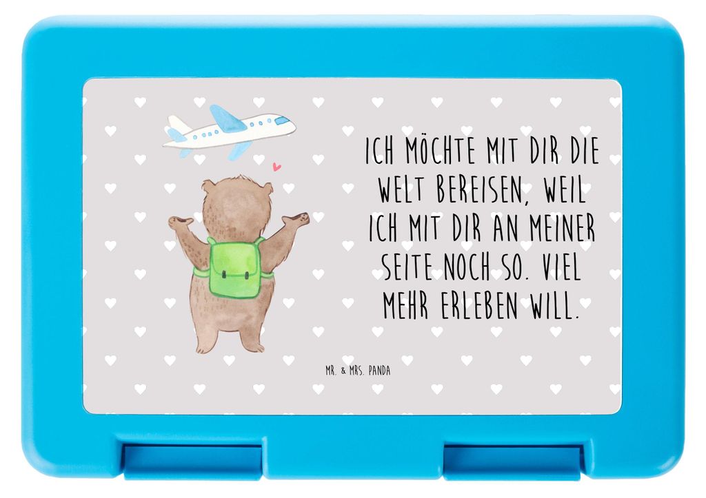 Mr. & Mrs. Panda Snackbox Bär Flugzeug - Grau Pastell - Geschenk, Valentinstag, für Partner, Lunchbox, Freund, Freundin, Brotzeitdose, Bentobox, ...