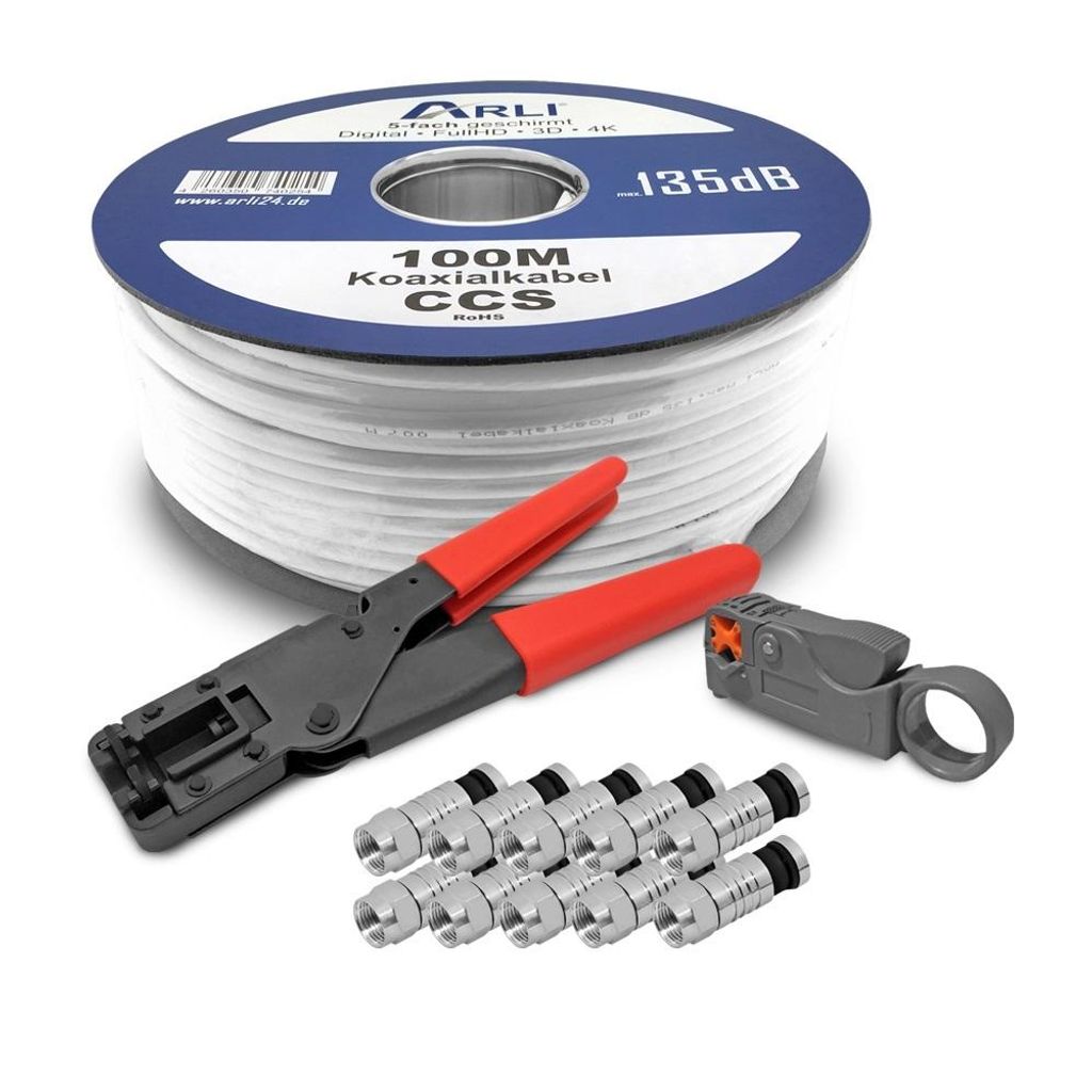 100m ARLI Koaxialkabel max. 135dB + Kompressionszange + Abisolierer + 100x Stecker