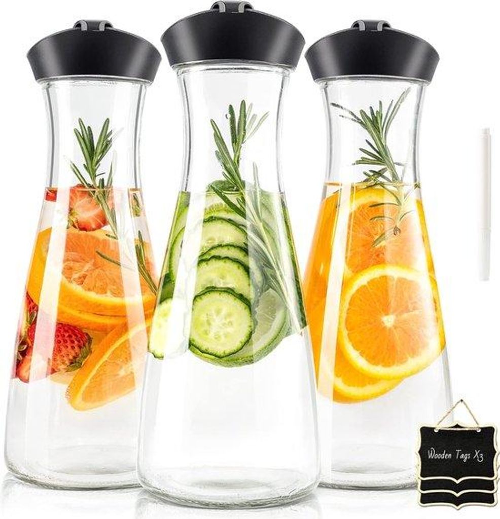 Gläserne Wasserkaraffe Set, 3er Pack, 1 Liter, mit Deckel, robuste Karaffe, gläserne Tassen für Selbstgebrauch, Saft/Wein, 3 Holzplatten und 1 M...
