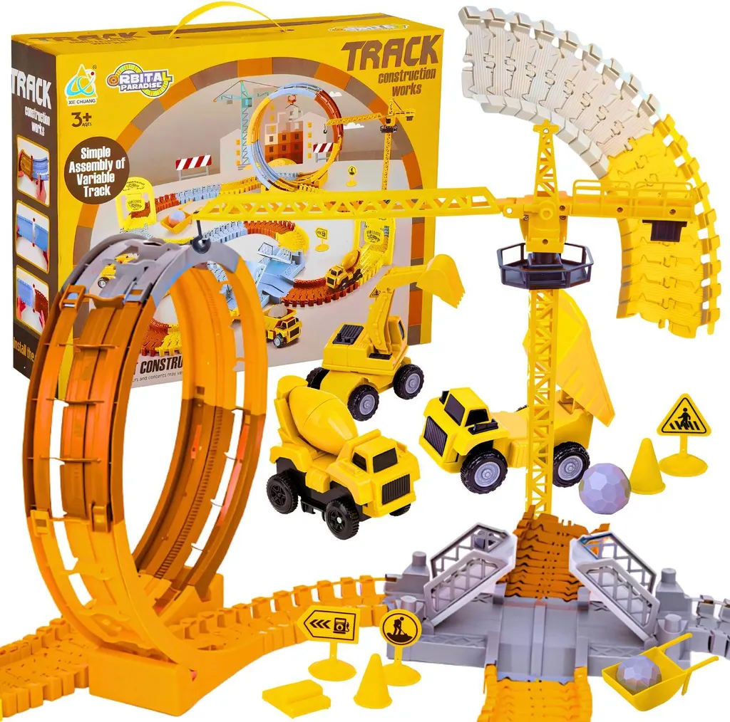 Circuit de voiture pliable avec rails et grue mobile de chantier 45 pcs