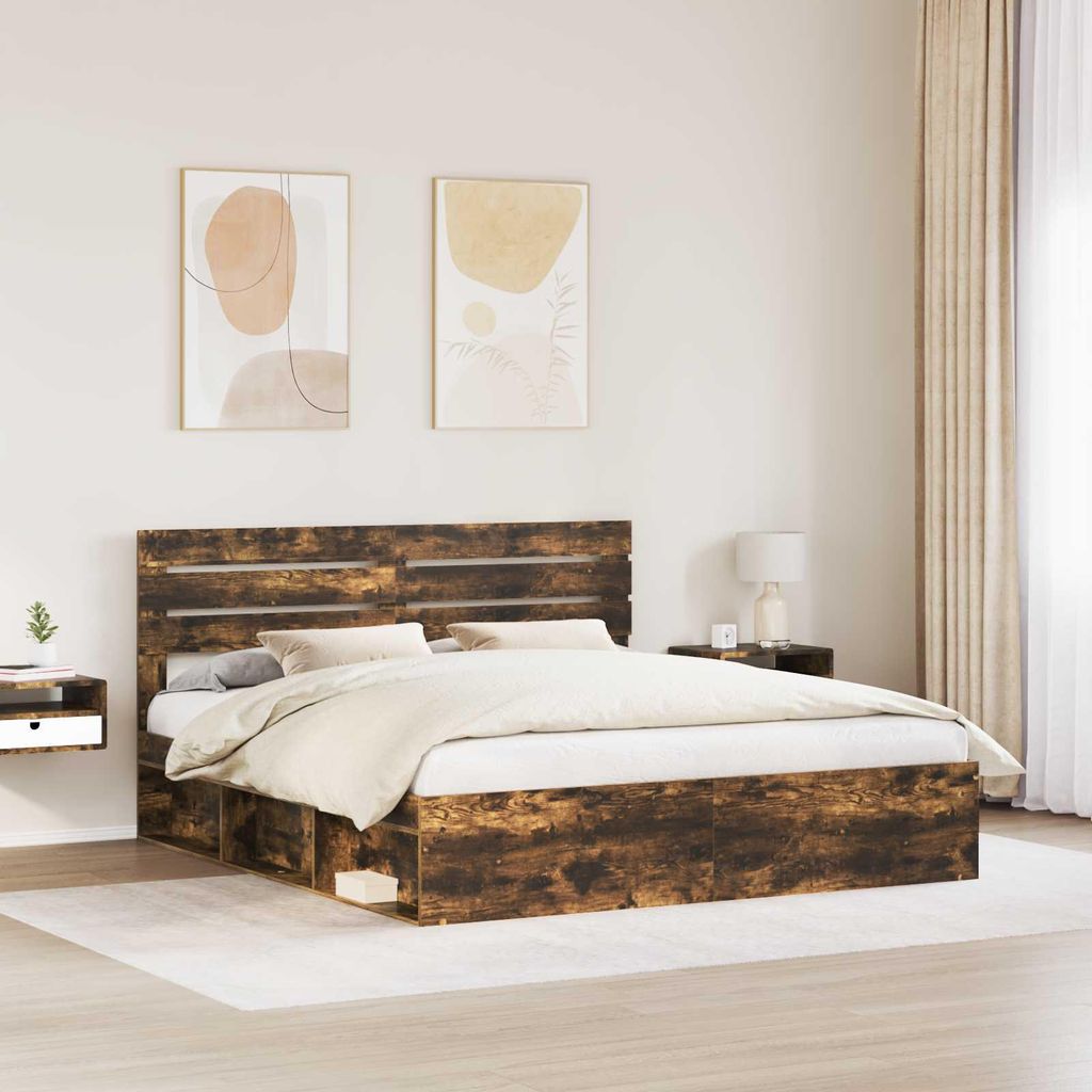 "Winter Sale" Bettrahmen Geräucherte Eiche 200 x 200cm Massives Kiefernholz - clorisNeu131583 - Klassische BettenJugendbett Tagesbett