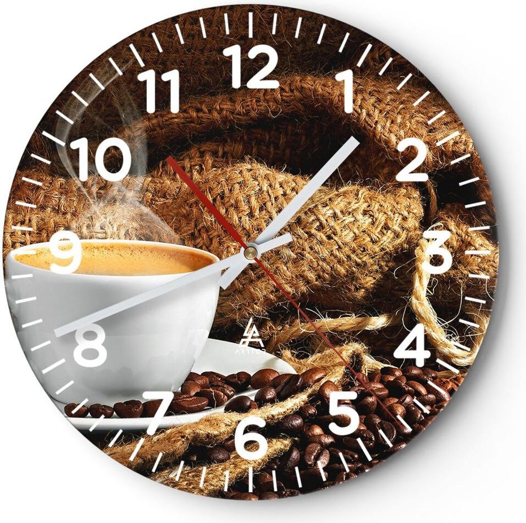 Wanduhr - Rund - Glasuhr - Cappuccino Tasse Körner Beutel - 40x40cm - Schleichendes Uhrwerk - Lautlos - zum Aufhängen bereit - Dekoration Modern ...