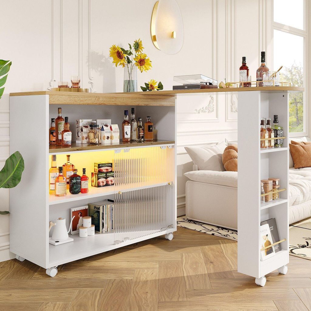 Odikalo Bartisch Ausziehbarer Bartisch mit Stauraum,Stehtisch (138-204×39×105cm) weiss 6 Schubladen