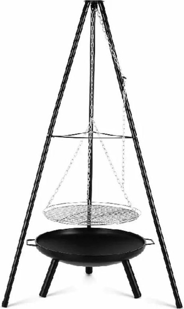 Outdoor Feuerstelle/Grill - Dreibein mit hängendem Topf/Rost - Gusseisen - Holzkohlegrill - Emailliert - Verstellbar - Höhe 152 cm - Tragbar