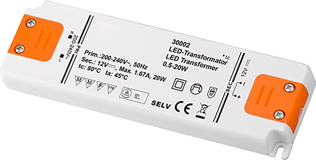 A white LED transformer with orange accents on a white background.