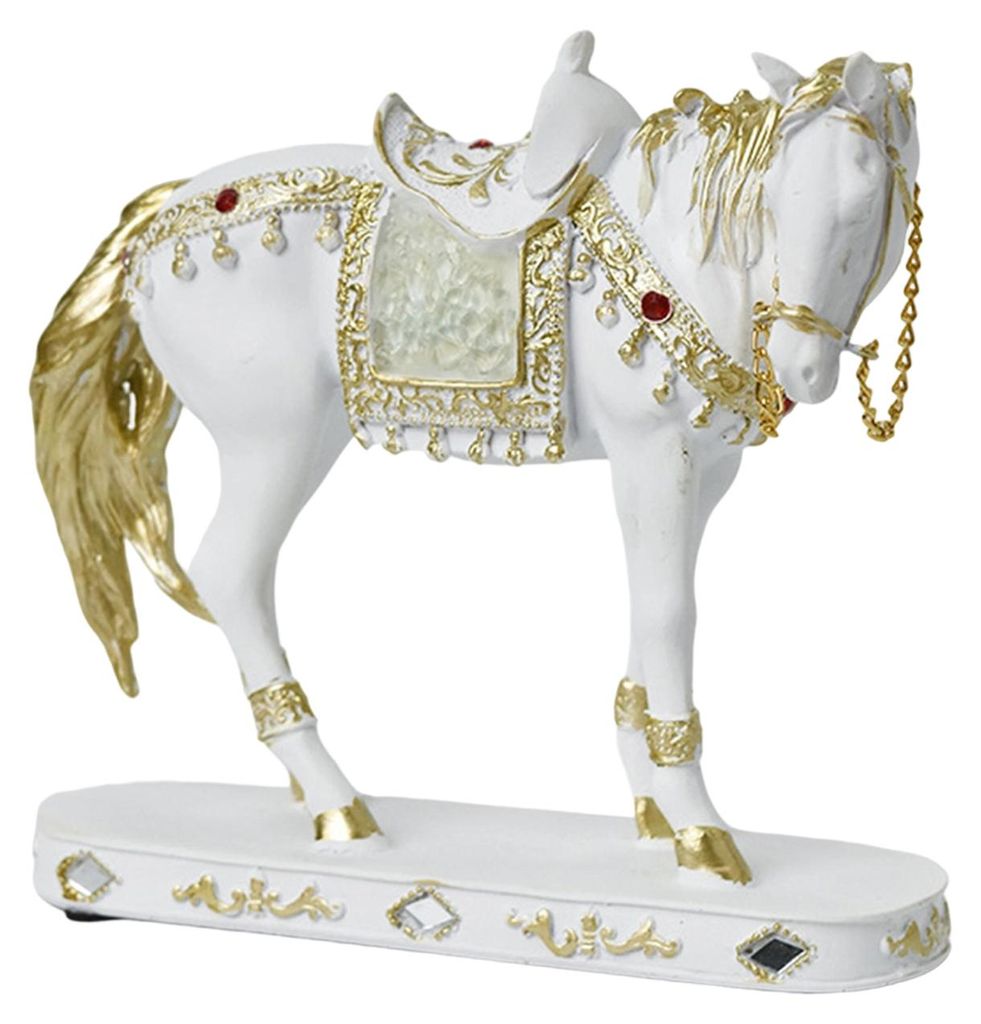 Retro-Pferdestatue, künstlerische Pferdefigur mit Sockel, goldfarbene Pferdeskulptur aus Kunstharz für Regal, Kaminsims oder Schrank