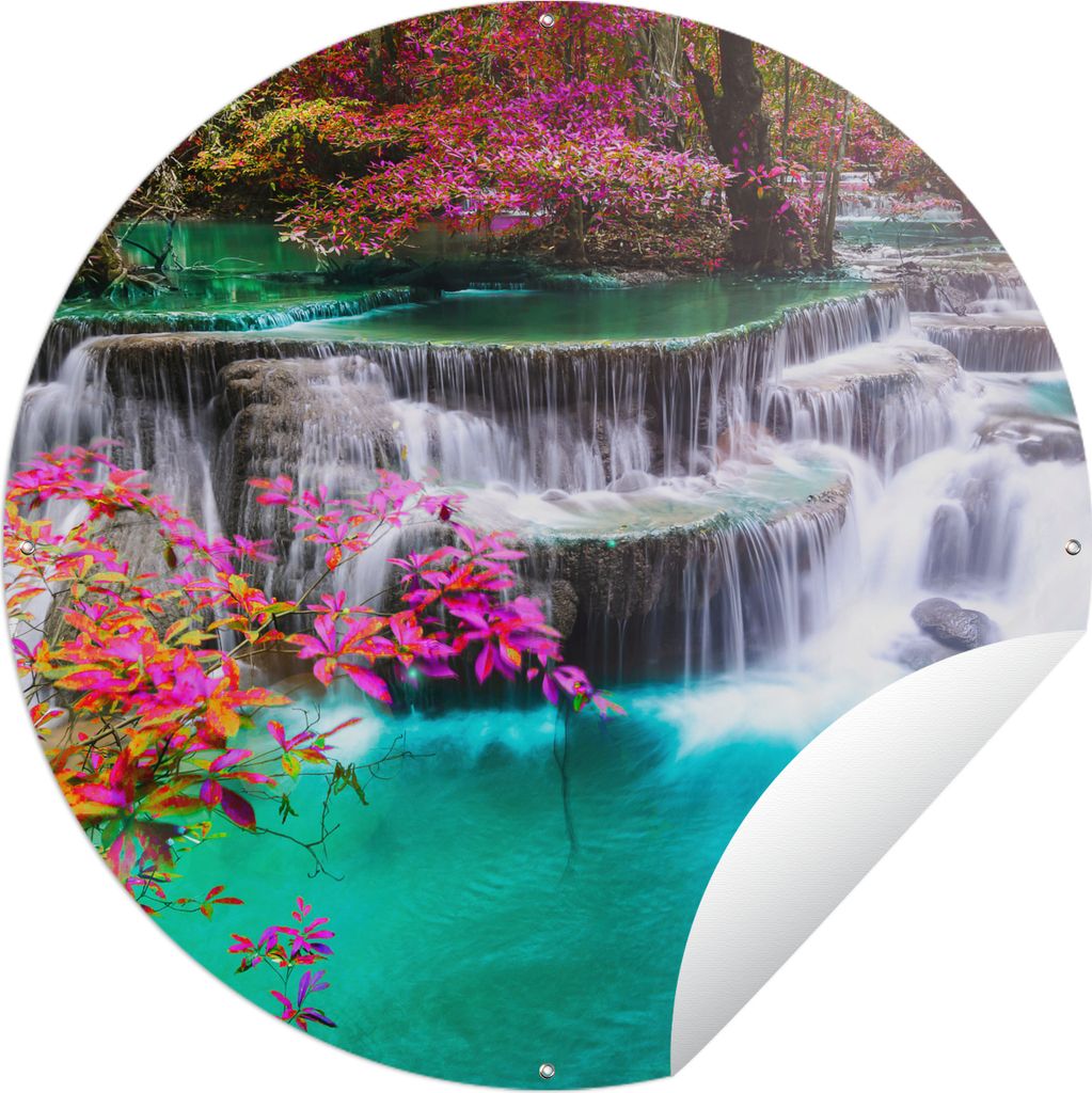 MuchoWow Gartenposter Outdoor-Poster Rund Wasserfall - Sonne - Bäume - Regenbogen - Natur Ø 60 cm Gartendeko Rundes Poster draußen