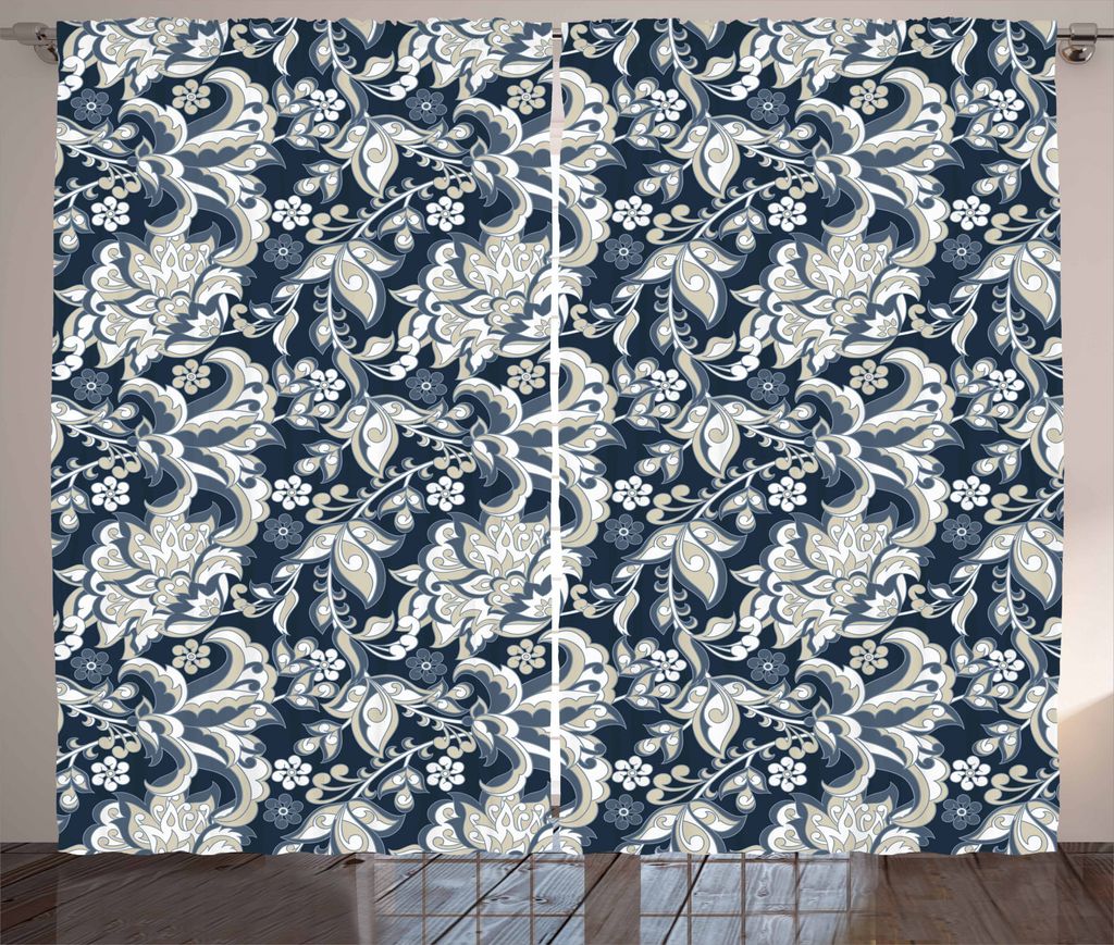 ABAKUHAUS asiatisch Rustikaler Vorhang, Oriental Eastern Flowers, Wohnzimmer Universalband Gardinen mit Schlaufen und Haken, 280 x 175 cm, Dunkelbl...
