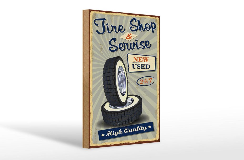 Holzschild Retro 20x30cm Tire Shop Service 24/7 new used