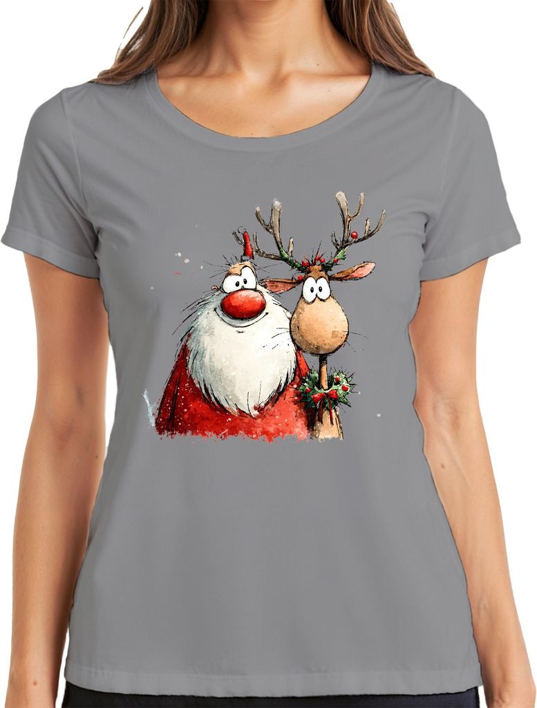 Weihnachtsmann Rentier Cartoon Aquarell lustig Geschenk Retro Damen T-Shirt, Grau, S