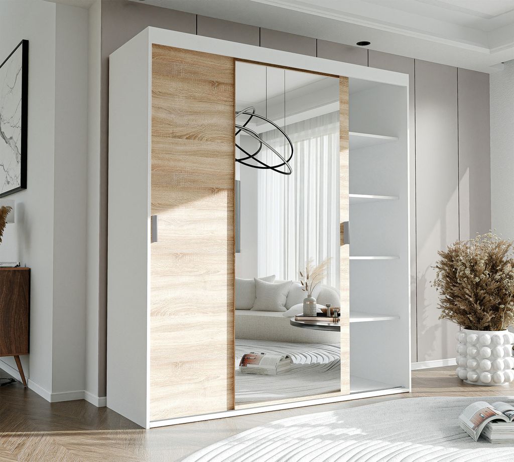 IDOHOME-Dreitüriger Schiebetürenschrank mit Spiegel STILO 180 cm mit Regalen und Kleiderstangen Schrank Garderobe Weiß Sonoma silberne Griffe