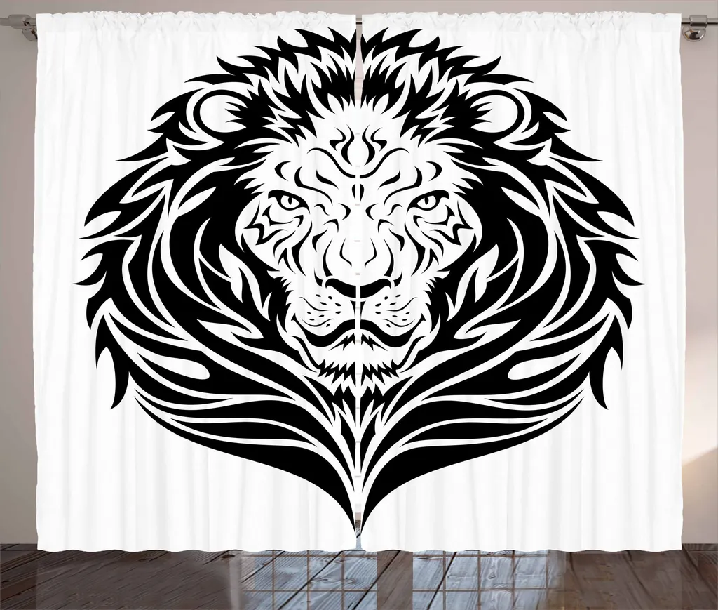 ABAKUHAUS Tenda rustica bianca e nera, ritratto di leone, tenda con passanti e ganci per camera da letto, 280 x 175 cm, bianca e nera