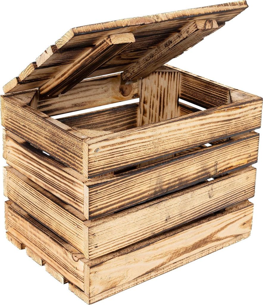 A wooden crate with a lid, shown from a slightly elevated side angle.