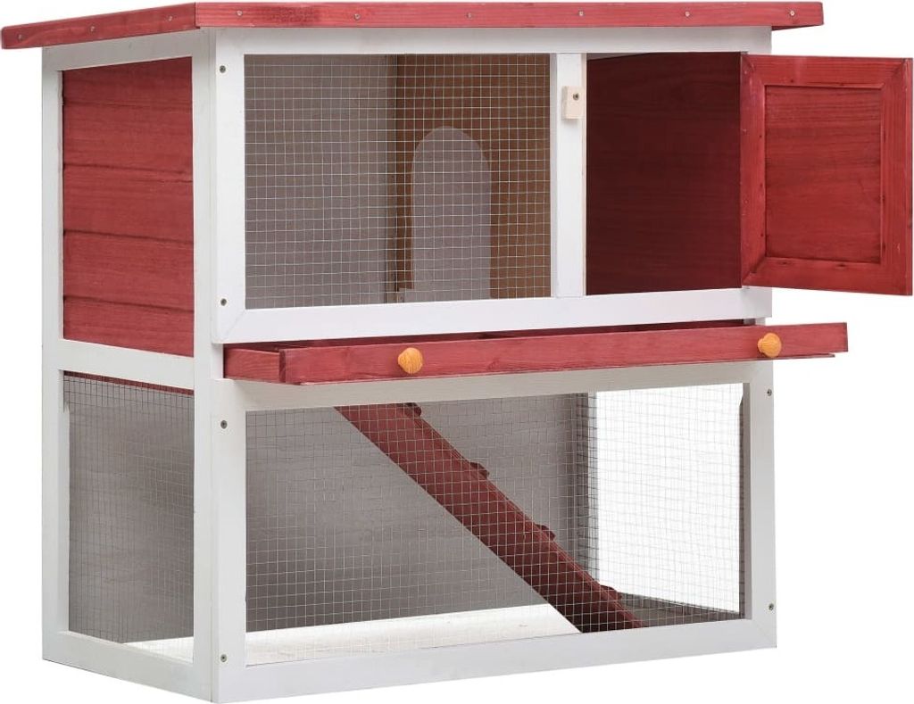 A two-tiered wooden hutch for small animals, such as rabbits or guinea pigs, with a red roof and trim, and white framing. It features wire mesh sides and a ramp leading to the upper level.