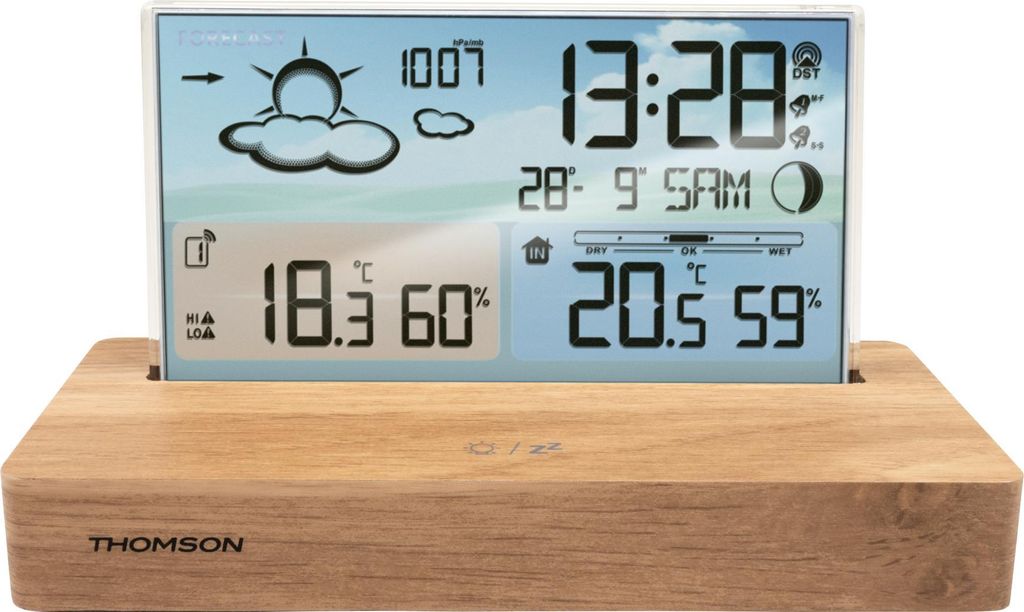 A digital weather station with a wooden base, displaying time, temperature, and humidity.