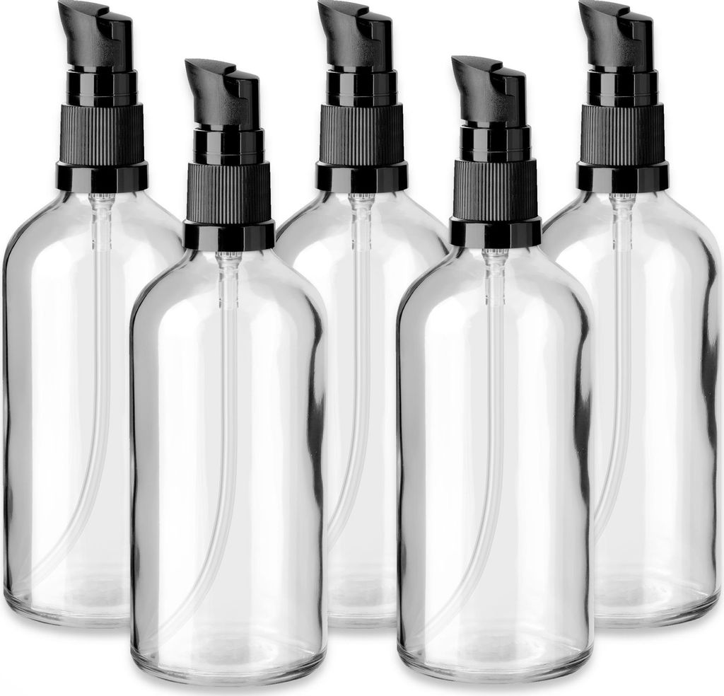 5x Klare Glasflasche 100 ml mit schwarzer Pumpe Dispenserpumpe 18/415