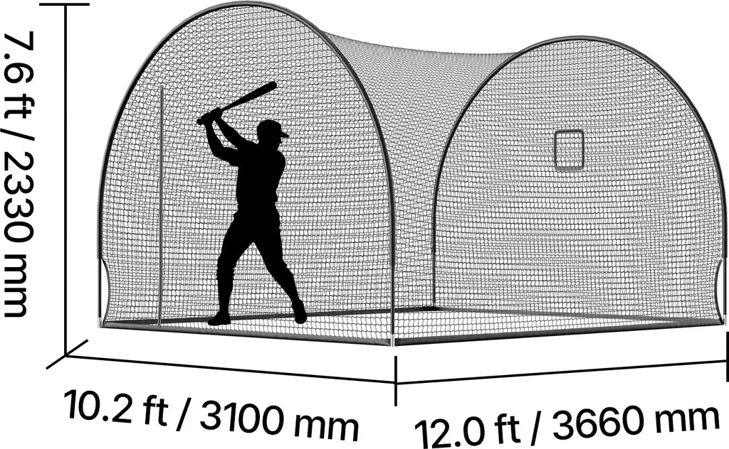 SucceBuy Gabbia da baseball (semicircolare) Rete 366x310x233 cm, rete da allenamento mobile con tessuto in poliestere resistente e senza nodi e apertura per macchine lanciapalle, inclusa rete da allenamento per softball - 8
