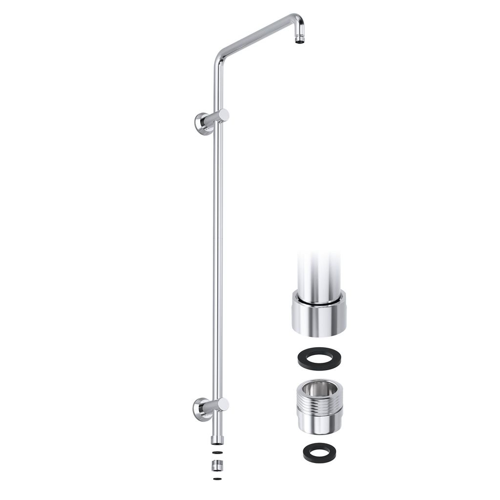 A chrome shower arm and adapter kit against a white background.
