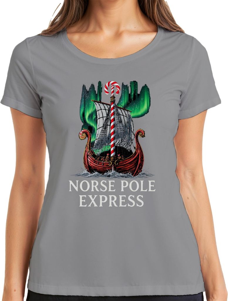 Norse Pole Express Weihnachtsgeschenk Wikinger Nordlicht lustig Damen T-Shirt, Grau, XL