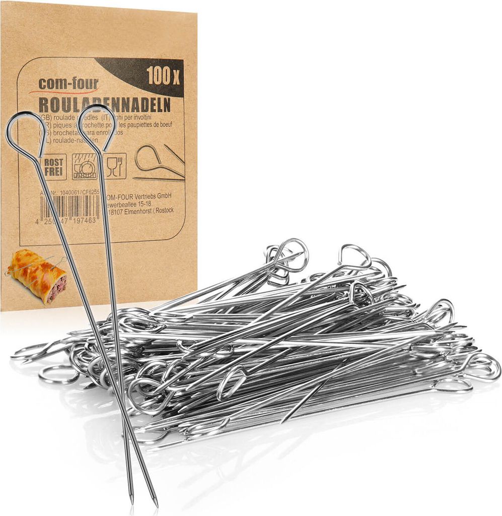 com-four 100x Rouladennadeln aus Edelstahl - 11 cm lange Fleischspieße rostfrei - Premium Spieße im Set, Rouladenklammern-Ersatz, Rouladenspie...