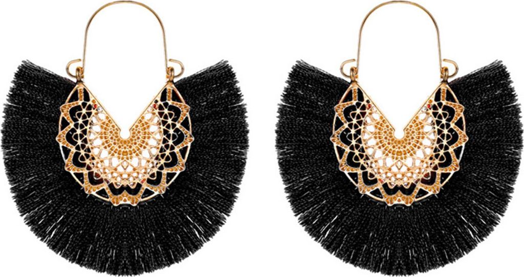 Böhmische Frauen fächerförmige Quaste Fransen Blume baumeln Creolen Schmuck-Schwarz