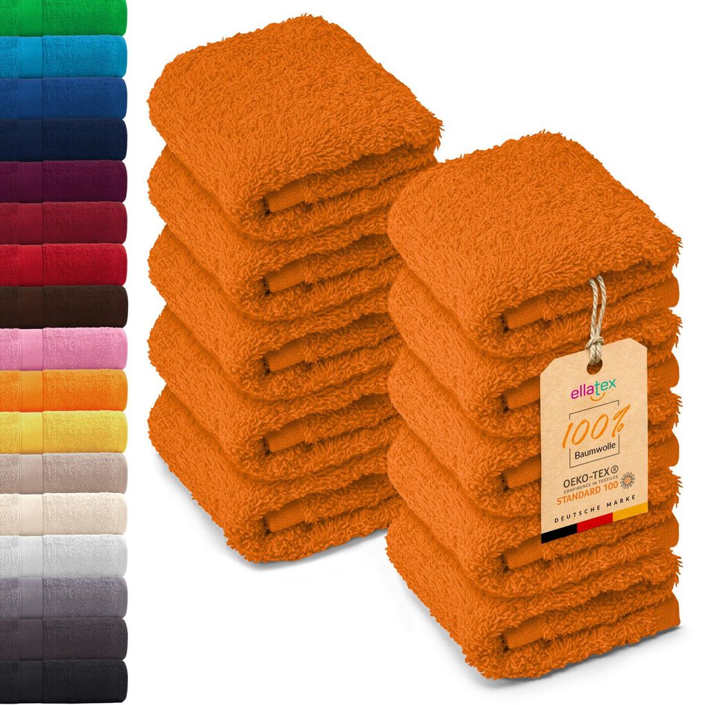 10er Pack EllaTex Seiftücher 30x30 cm 100% Baumwolle, 500 g/m² Handtücher Set weich saugstark Serie Paris, in Farbe: Orange