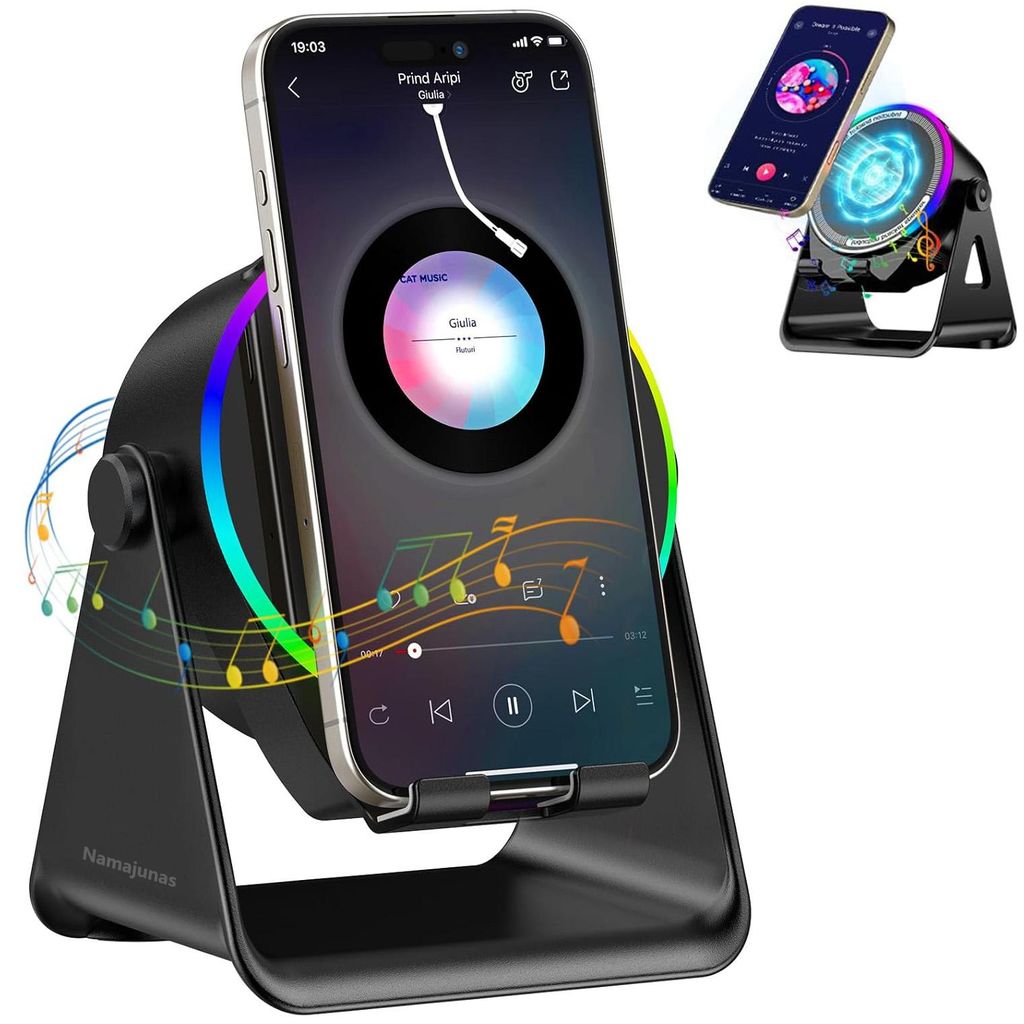 Kabelloser Induktionslautsprecher, 5-in-1-Bluetooth-Lautsprecher, 360° Handy-Ständer & farbiges Licht, kompatibel mit iPhone, iPad, Android