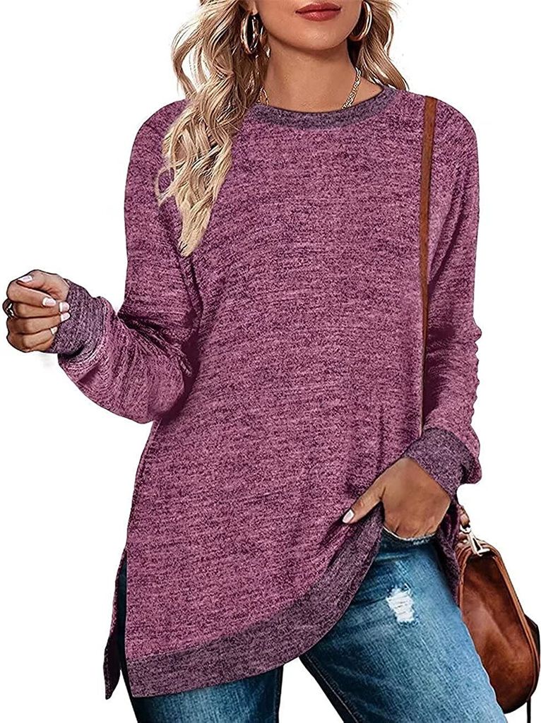 ASKSA Damen Langarmshirt Rundhals Einfarbiges Blusen Freizeit Langarm Lose Tunika Pullover, Violett Rot, S