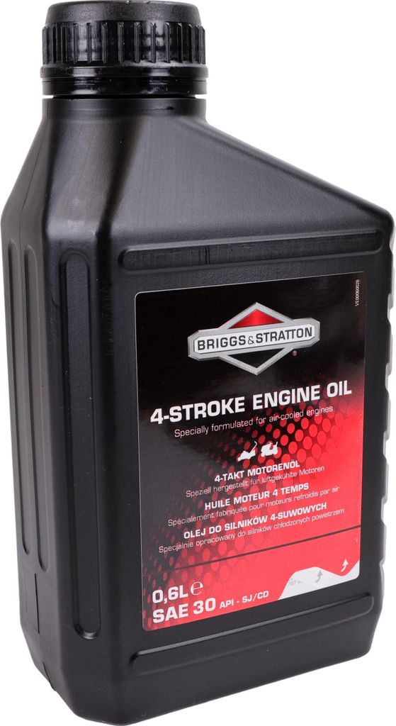 A black plastic bottle of Briggs & Stratton 4-stroke engine oil.