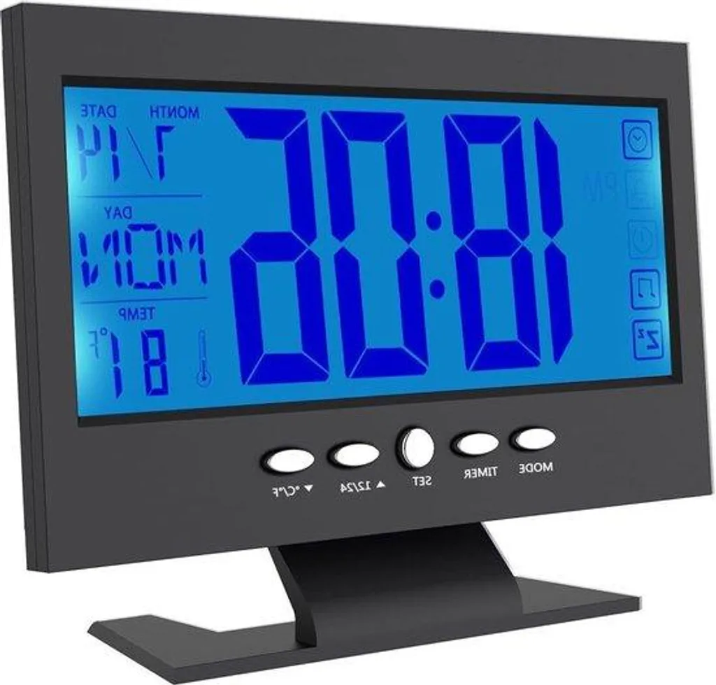 Réveil Noir LCD Lisible avec Température et Commande Vocale pour la Nuit