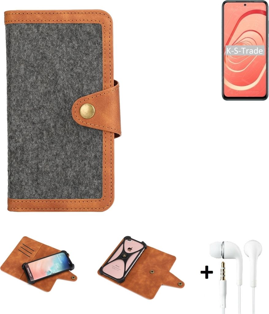 K-S-Trade Handyhülle + Kopfhörer kompatibel mit Xiaomi Redmi Note 10 Schutzhülle Filzhülle Kunstleder dunkelgrau braun (1x)