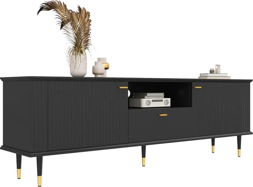 AIORBER Armoire TV Noire 170cm avec Tiroirs et Surface Laquée Structurée