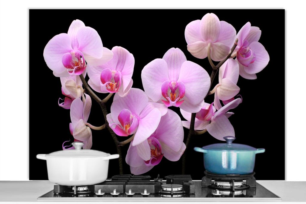 KitchenYeah Spritzschutz Küche - Küchenrückwand - Wandschutz für Herd und Spüle - Orchidee - Blumen - Rosa - Flora 120x80 - Alu-Dibond (Alte...