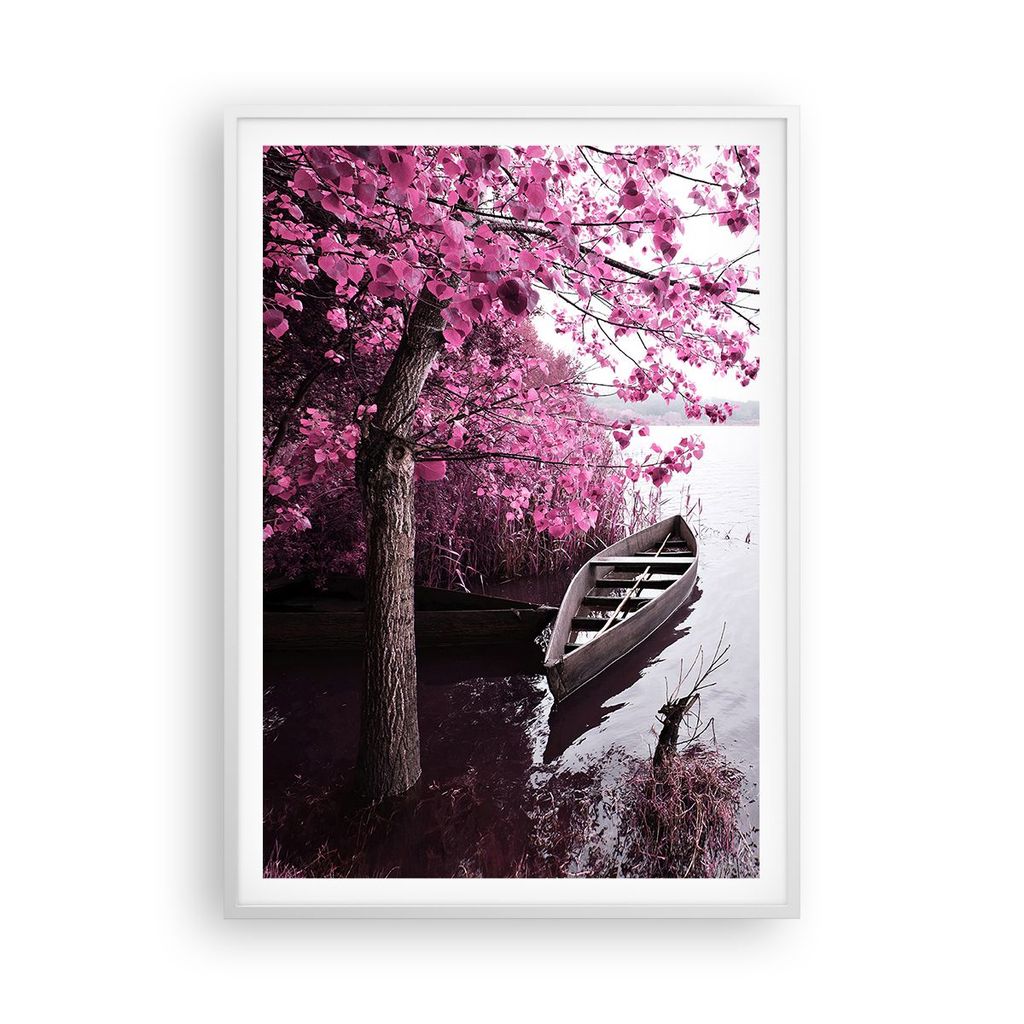 Gerahmtes Poster - Weißer Rahmen - See Rosa Bäume - 70x100 cm - Wand Bild - Wanddeko - Wandbilder - Kunstposter - Wandposter - Bilderrahmen - Bil...