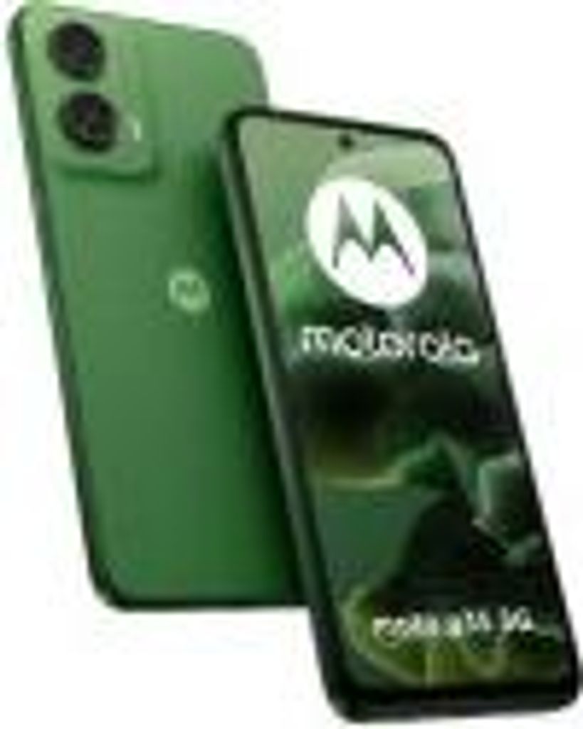 A green Motorola smartphone is shown from two angles, with the screen displaying the Motorola logo and product name.
