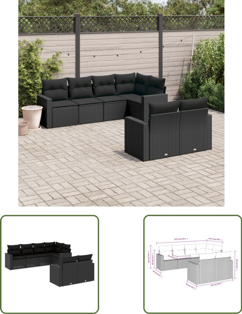 The Living Store 7-tlg. Garten-Sofagarnitur mit Kissen Schwarz Poly Rattan