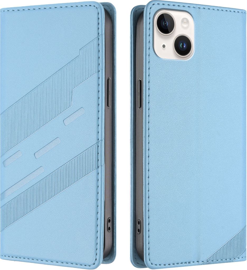 Hülle für iPhone 14 Plus, Kunstleder Brieftaschen Handyhülle mit Kartenfach und Standfunktion Hellblau