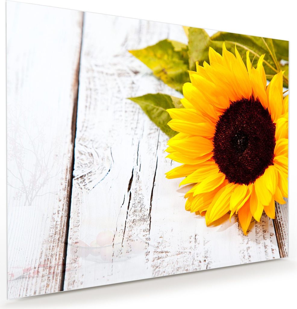Glasbild Wandbild Sonnenblume auf Holztisch 100x80cm in XXL für Wohnzimmer, Schlafzimmer, Badezimmer, Flur