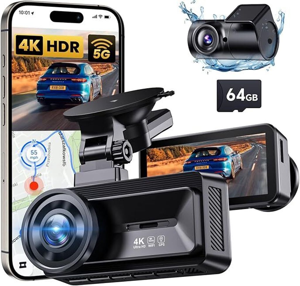 Dashcam Auto Vorne Hinten 4K Full HD Dual Dash Kamera für Autos Eingebautes 5G WiFi GPS 64GB Karte Autokamera mit 3 Zoll IPS Bildschirm UHD 2160P